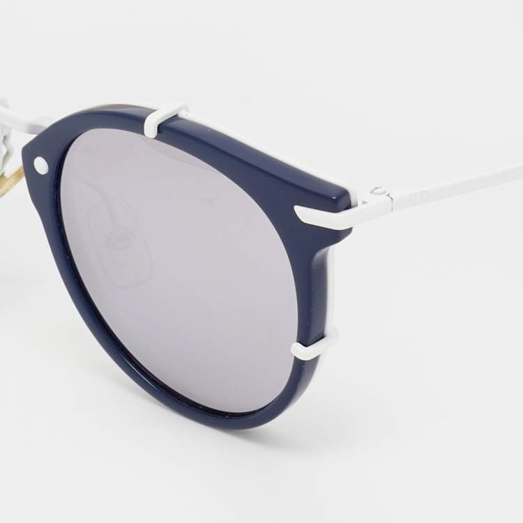 Pre Owned Dior Homme Navy Blue & White Tone/Black Mirrored 0196S Round Sunglasses