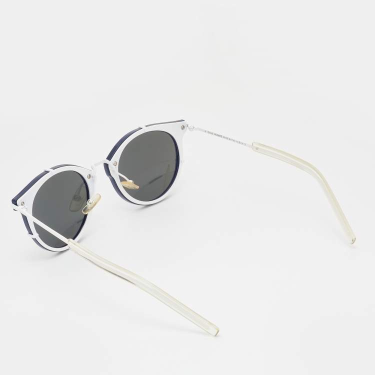 Pre Owned Dior Homme Navy Blue & White Tone/Black Mirrored 0196S Round Sunglasses