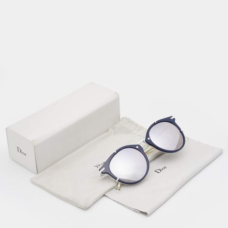 Pre Owned Dior Homme Navy Blue & White Tone/Black Mirrored 0196S Round Sunglasses