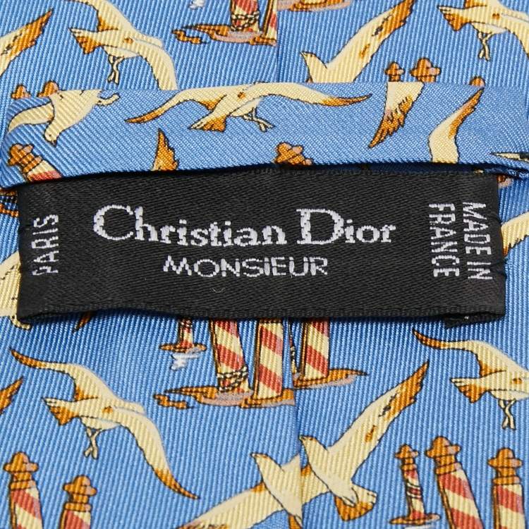 Pre Owned Christian Dior Vintage Blue Bird Printed Silk Tie 