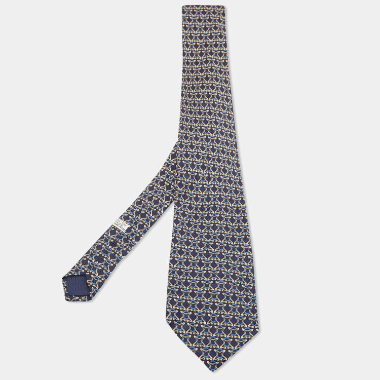 Pre Owned Christian Dior Navy Blue Printed Silk Tie