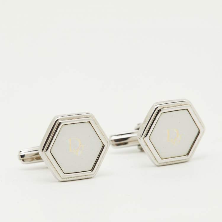 Pre Owned Dior Vintage Logo Silver Tone Hexagonal Cufflinks