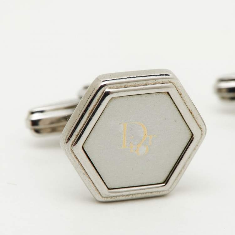 Pre Owned Dior Vintage Logo Silver Tone Hexagonal Cufflinks