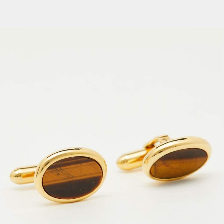 Pre Owned Dior Vintage Tiger's Eye Gold Tone Oval Cufflinks