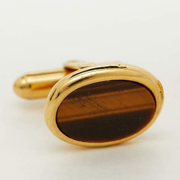 Pre Owned Dior Vintage Tiger's Eye Gold Tone Oval Cufflinks