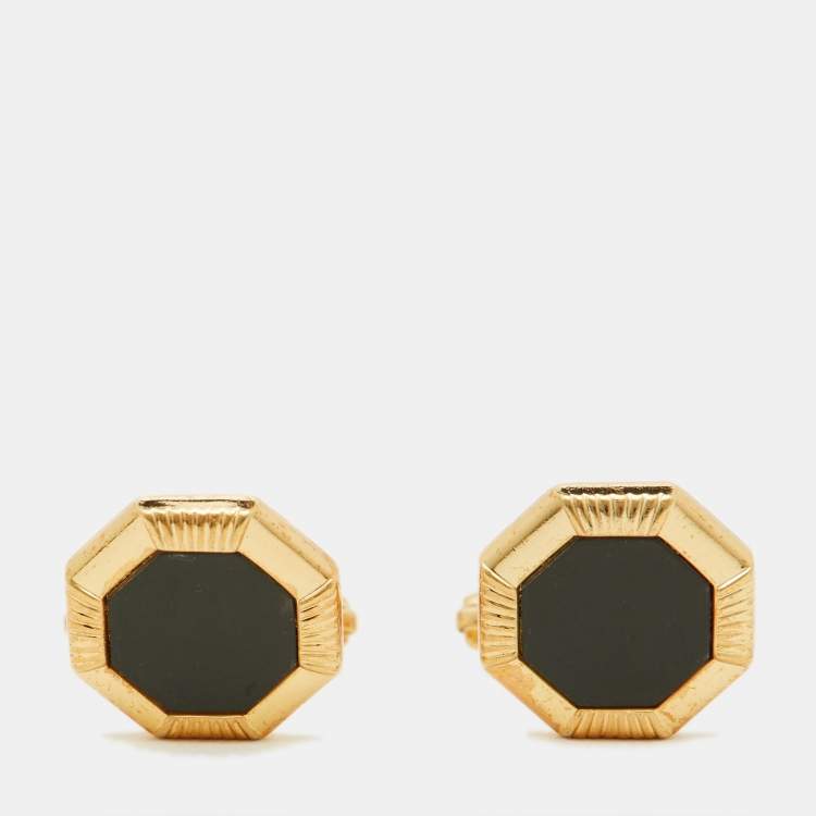 Pre Owned Dior Vintage Octagonal Black Inlay Gold Tone Cufflinks