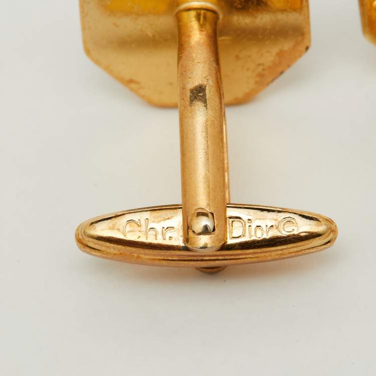 Pre Owned Dior Vintage Octagonal Black Inlay Gold Tone Cufflinks