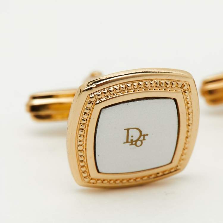 Pre Owned Dior Vintage Logo Two Tone Square Cufflinks 