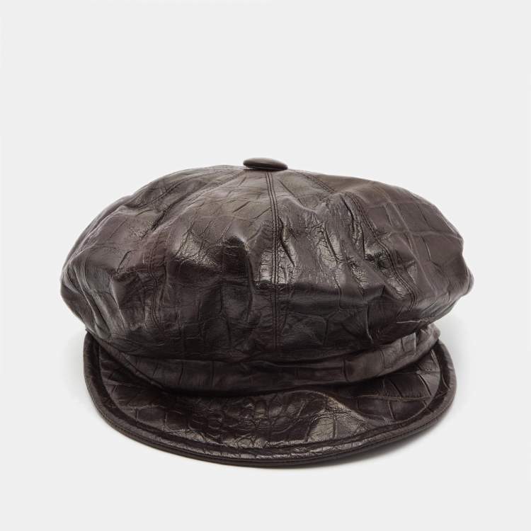 Pre Owned Christian Dior Boutique Brown Croc Embossed Leather Newsboy Hat Size 58