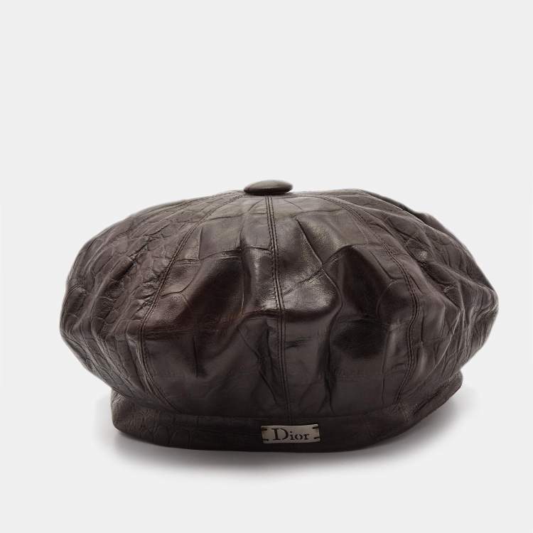 Pre Owned Christian Dior Boutique Brown Croc Embossed Leather Newsboy Hat Size 58