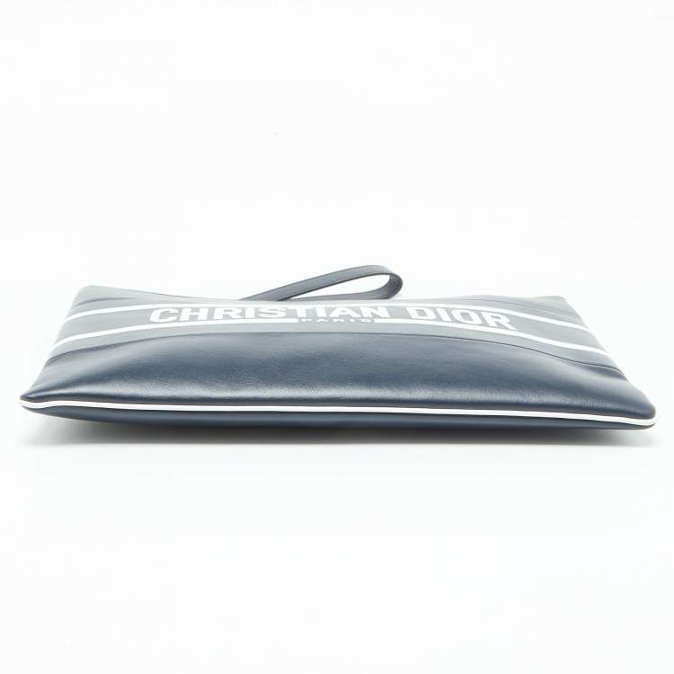 Pre Owned Dior Navy Blue/White Leather Logo Vibe Zip Clutch