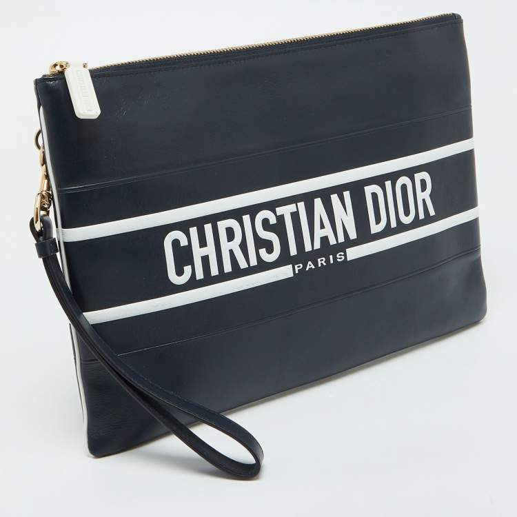 Pre Owned Dior Navy Blue/White Leather Logo Vibe Zip Clutch