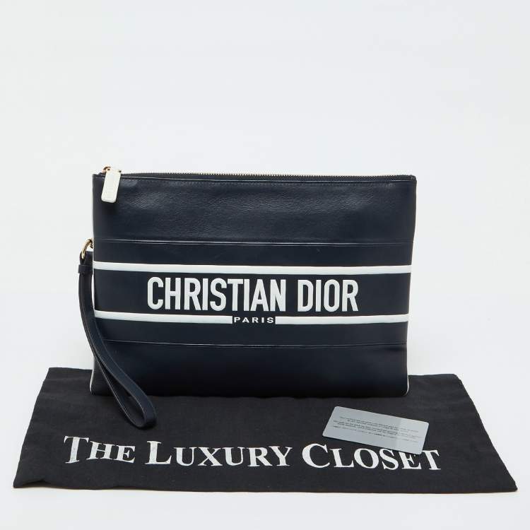 Pre Owned Dior Navy Blue/White Leather Logo Vibe Zip Clutch