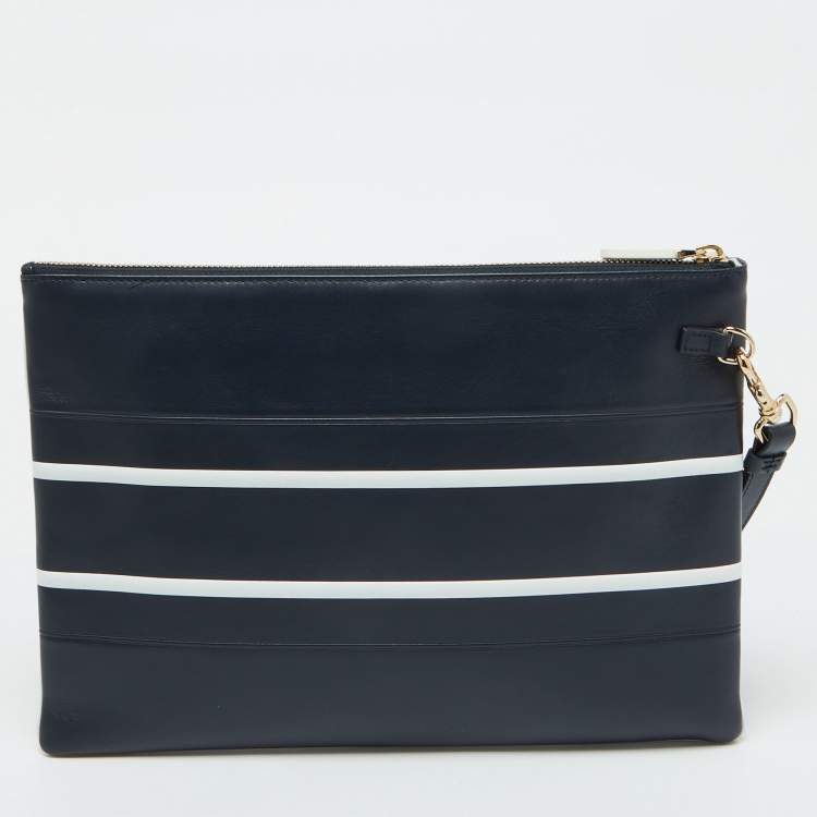 Pre Owned Dior Navy Blue/White Leather Logo Vibe Zip Clutch