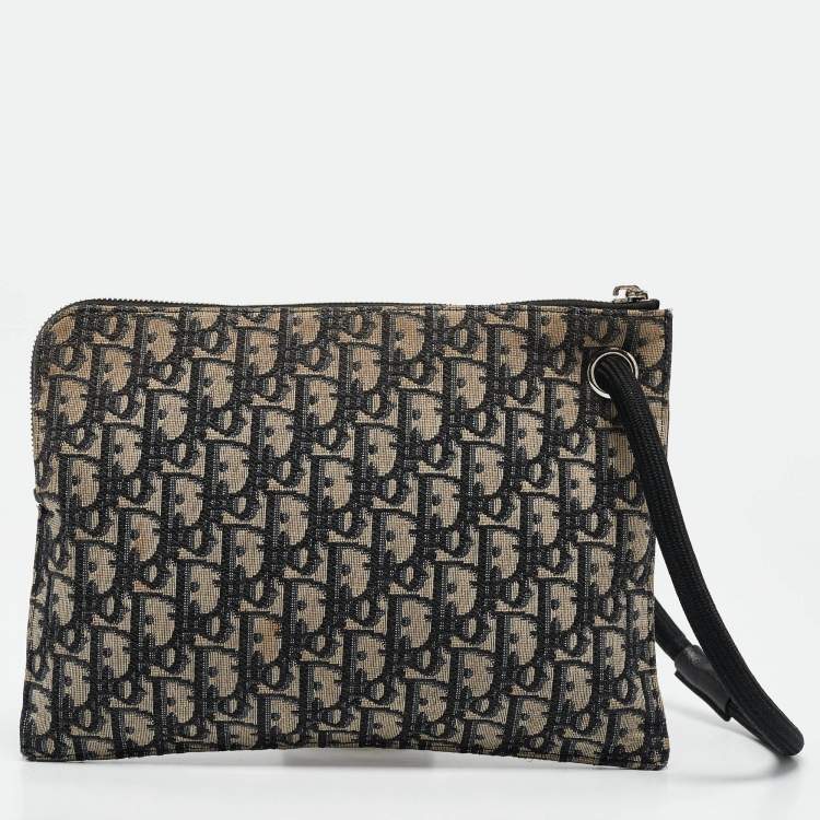 Pre Owned Dior Navy Blue Oblique Canvas Wristlet Zip Pouch
