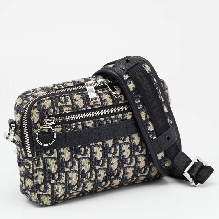 Pre Owned Dior Navy Blue Oblique Canvas and Leather Crossbody Bag