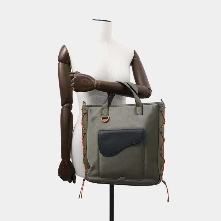 Pre Owned Dior Khaki Black Nylon Leather Sacai Saddle Tote Bag