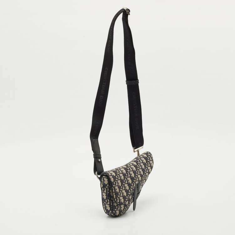 Pre Owned Dior Black/Navy Blue Oblique Canvas and Leather Saddle Crossbody Bag