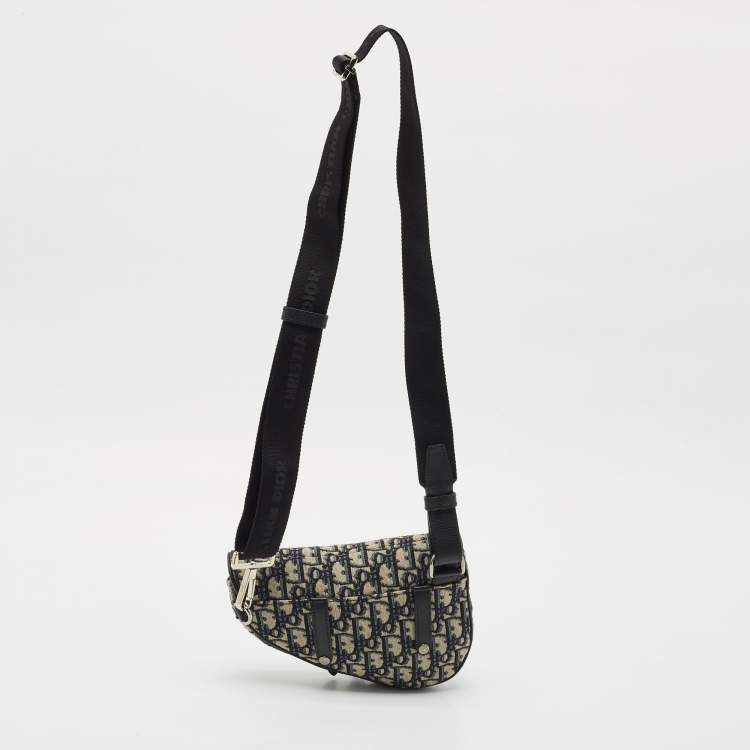 Pre Owned Dior Black/Navy Blue Oblique Canvas and Leather Saddle Crossbody Bag