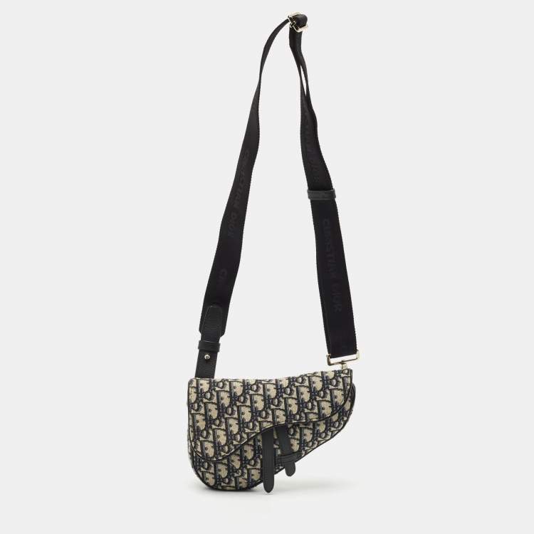 Pre Owned Dior Black/Navy Blue Oblique Canvas and Leather Saddle Crossbody Bag