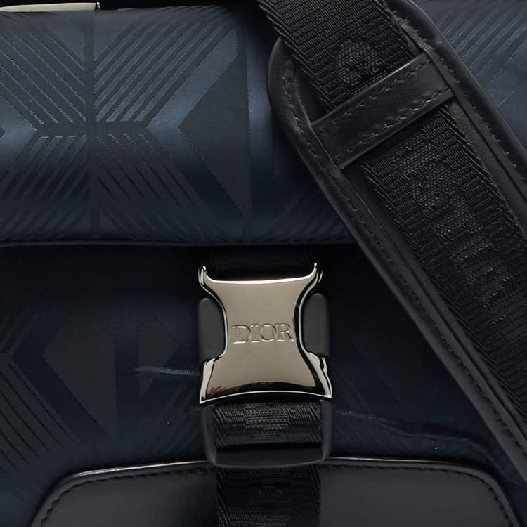 Pre Owned Dior Navy Blue/Black Diamond Print Nylon and Leather Explorer Pouch Bag 