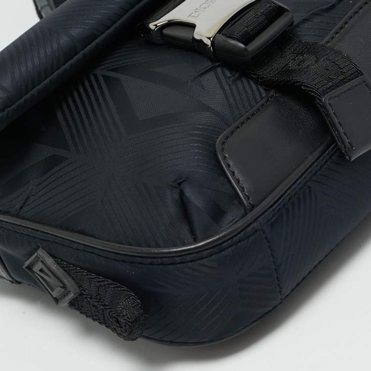 Pre Owned Dior Navy Blue/Black Diamond Print Nylon and Leather Explorer Pouch Bag 