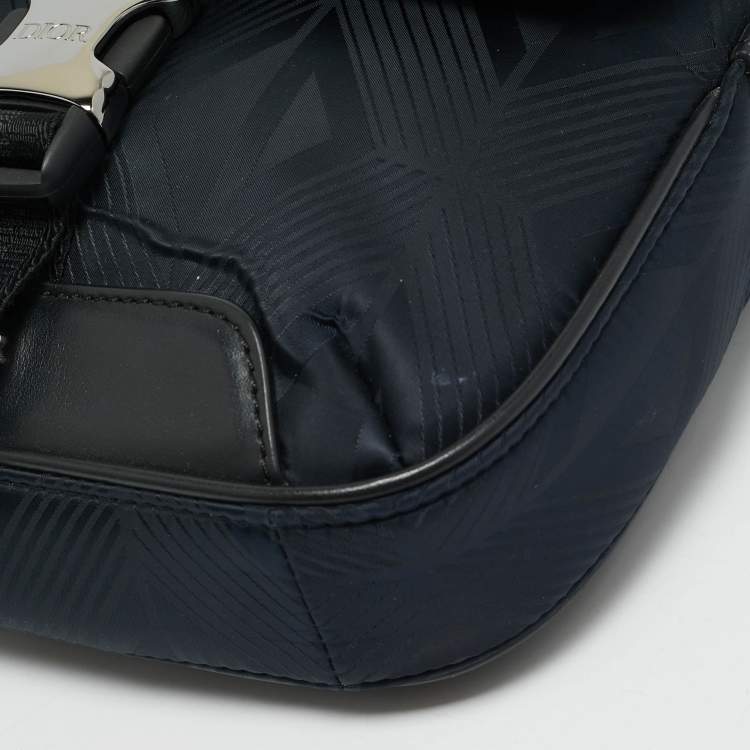 Pre Owned Dior Navy Blue/Black Diamond Print Nylon and Leather Explorer Pouch Bag 