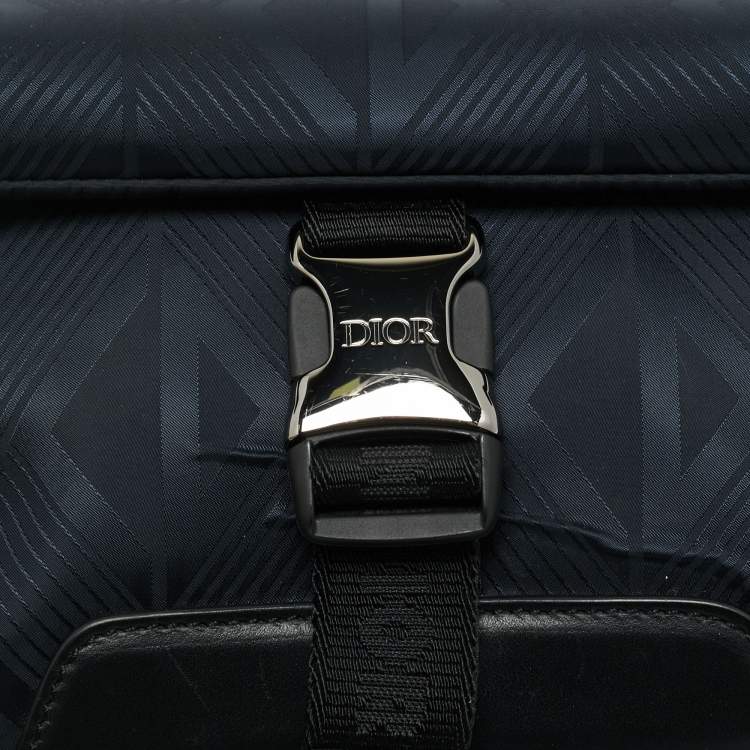Pre Owned Dior Navy Blue/Black Diamond Print Nylon and Leather Explorer Pouch Bag 