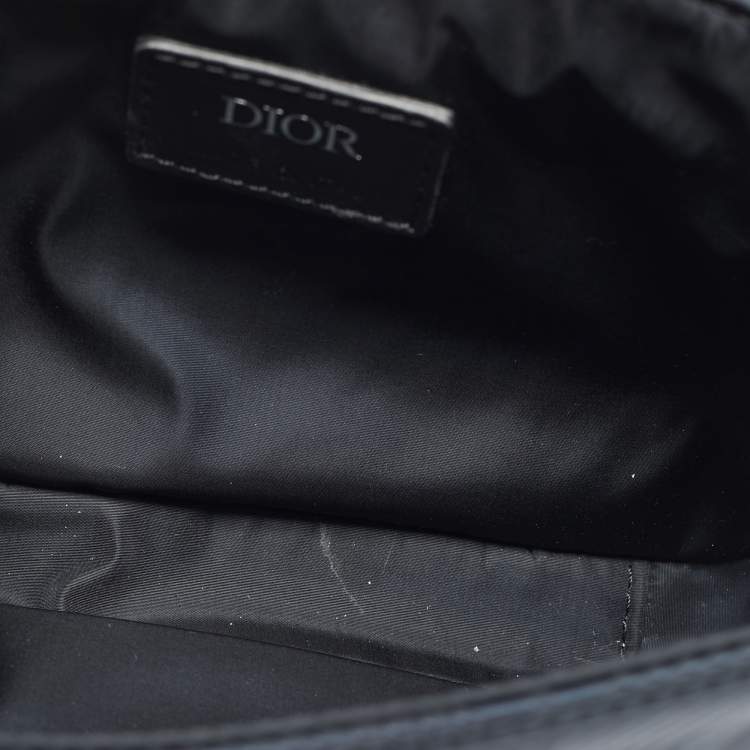 Pre Owned Dior Navy Blue/Black Diamond Print Nylon and Leather Explorer Pouch Bag 