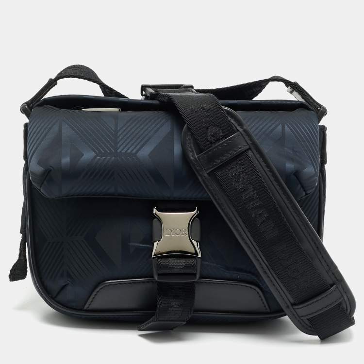 Pre Owned Dior Navy Blue/Black Diamond Print Nylon and Leather Explorer Pouch Bag 