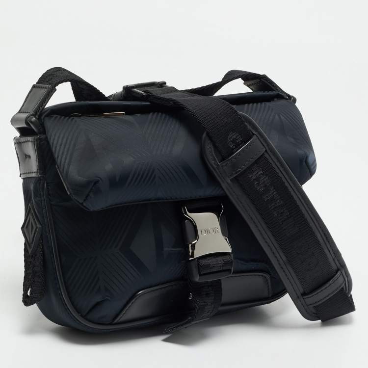 Pre Owned Dior Navy Blue/Black Diamond Print Nylon and Leather Explorer Pouch Bag 