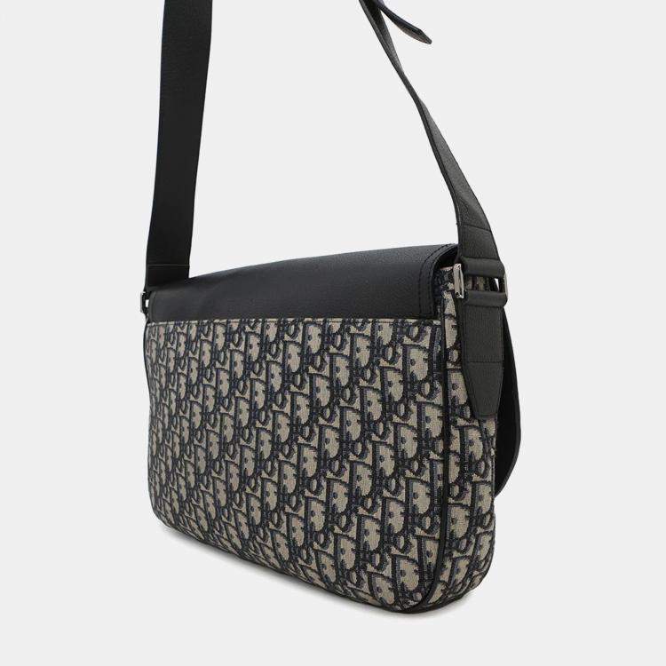 Pre Owned Dior Saddle Navy/Beige Oblique Jacquard Leather Crossbody Bag