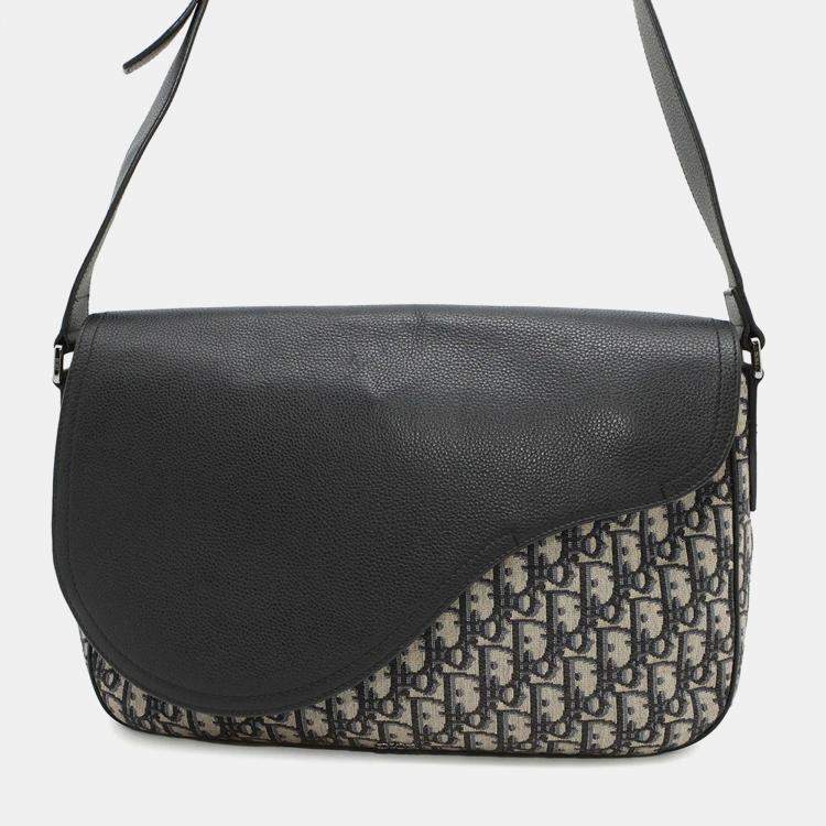 Pre Owned Dior Saddle Navy/Beige Oblique Jacquard Leather Crossbody Bag