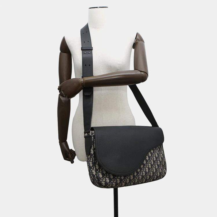 Pre Owned Dior Saddle Navy/Beige Oblique Jacquard Leather Crossbody Bag