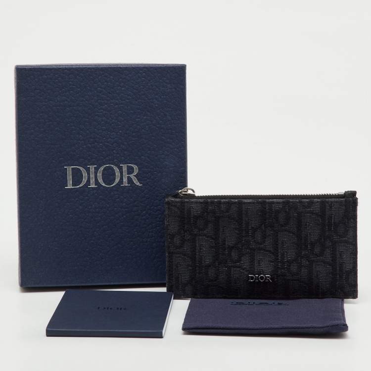 Pre Owned Dior Black Oblique Jacquard, Leather  Zipped Card Holder