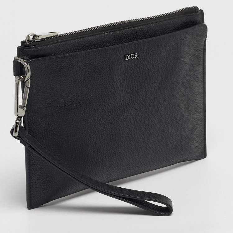 Pre Owned Dior Black Leather Zip Wristlet Pouch