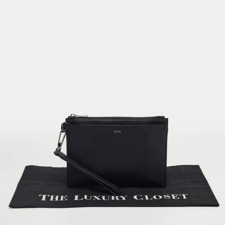 Pre Owned Dior Black Leather Zip Wristlet Pouch