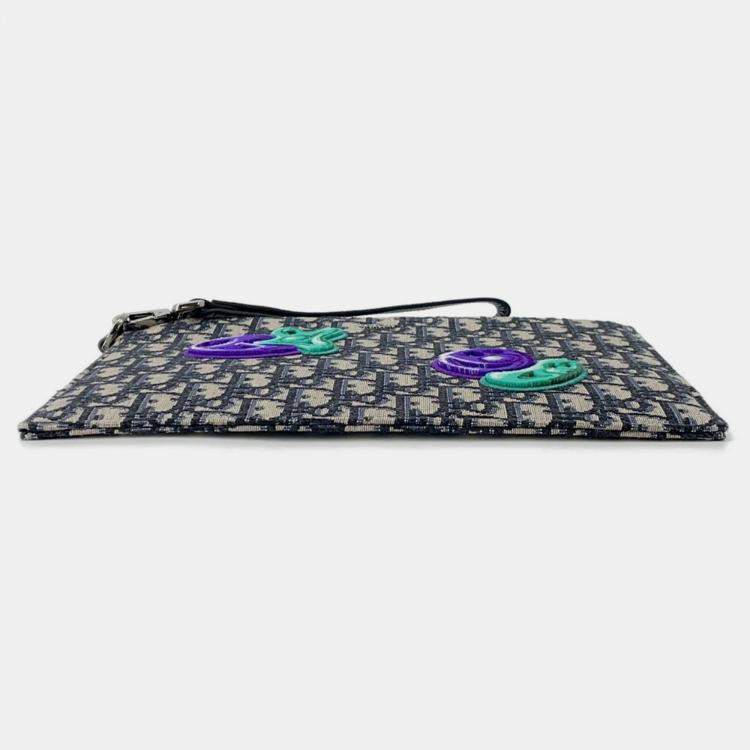 Pre Owned Dior Kenny Scharf Collaboration Oblique Clutch Bag Black/Beige Jacquard Canvas