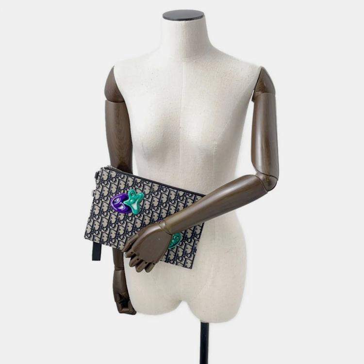 Pre Owned Dior Kenny Scharf Collaboration Oblique Clutch Bag Black/Beige Jacquard Canvas