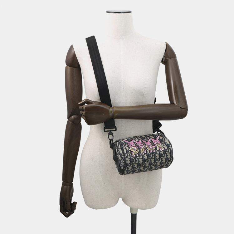 Pre Owned Dior Oblique Roller Shoulder Bag Rabbit Kids Black/Beige Canvas Leather Size Mini