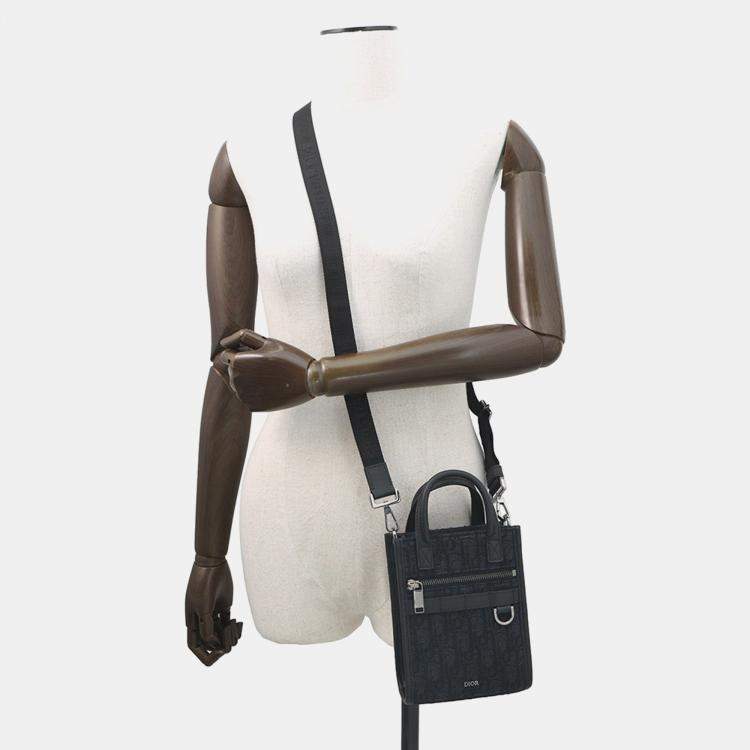 Pre Owned Dior Oblique Safari North-South 2-Way Shoulder Bag Black Canvas Leather Size Mini