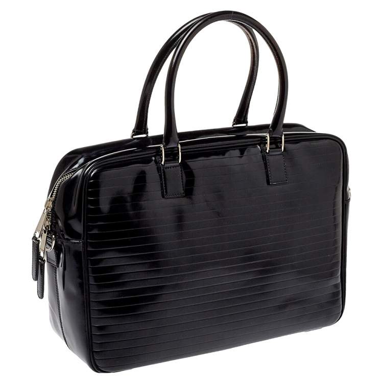 Pre Owned Dior Homme Black Stripped Glossy Leather Document Briefcase 