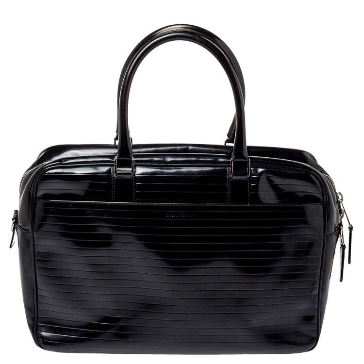 Pre Owned Dior Homme Black Stripped Glossy Leather Document Briefcase 