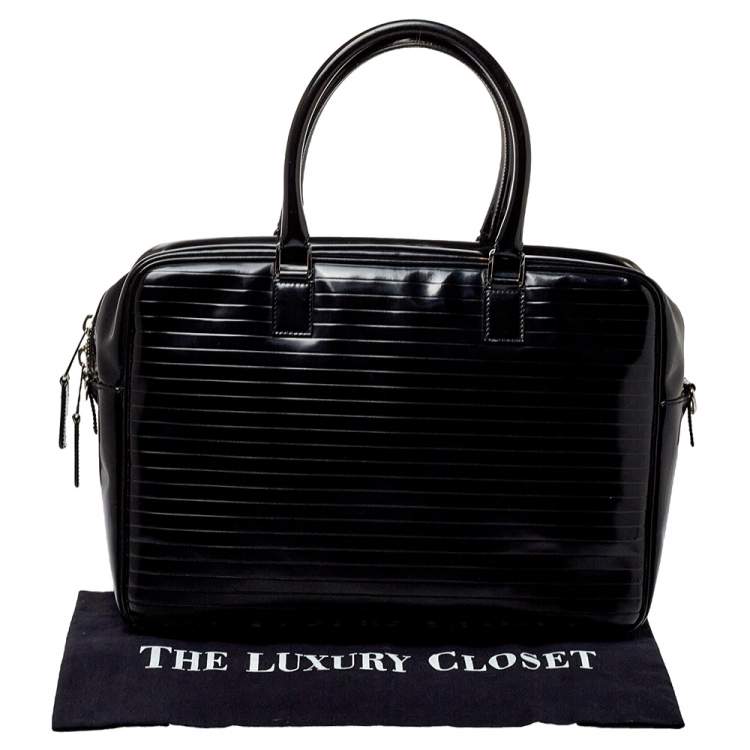 Pre Owned Dior Homme Black Stripped Glossy Leather Document Briefcase 