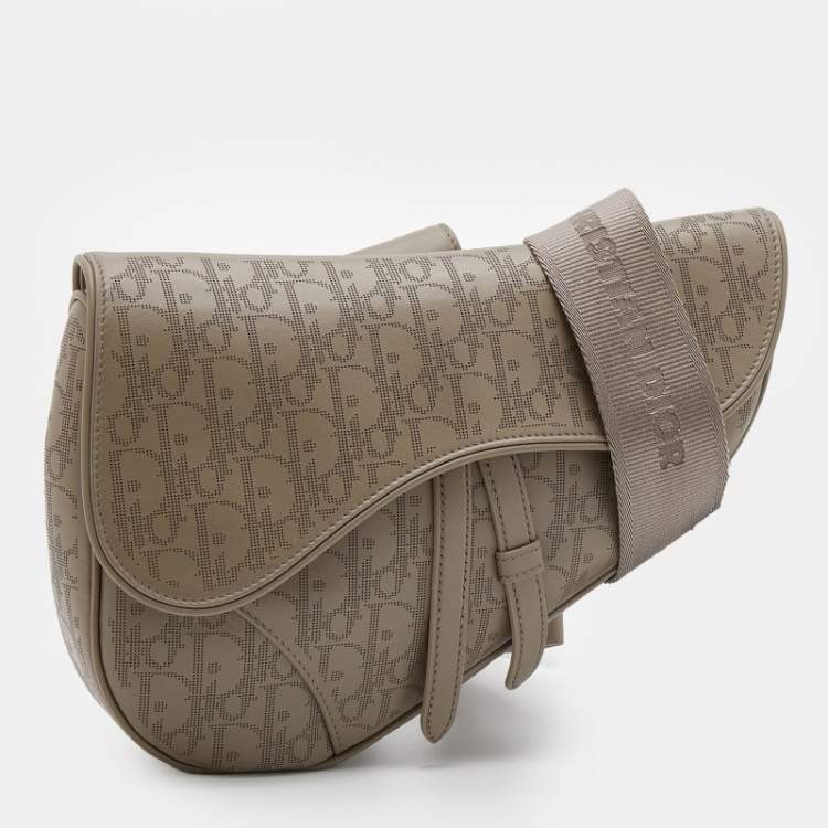 Pre Owned Dior Grey Perforated Oblique Leather Saddle Body Bag