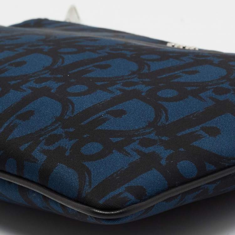 Pre Owned Dior Blue/Black Oblique Print Nylon Zip Pouch