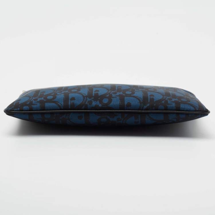 Pre Owned Dior Blue/Black Oblique Print Nylon Zip Pouch