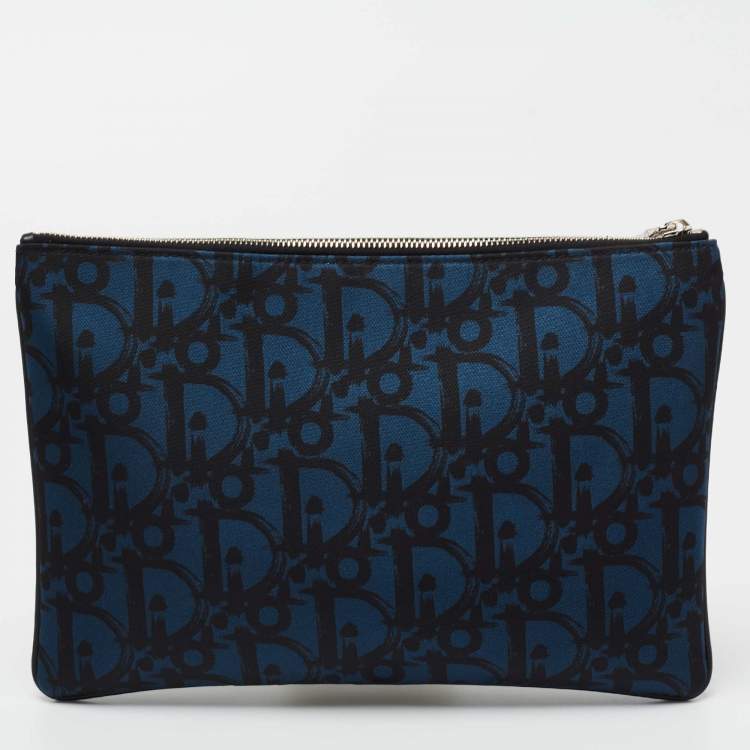 Pre Owned Dior Blue/Black Oblique Print Nylon Zip Pouch