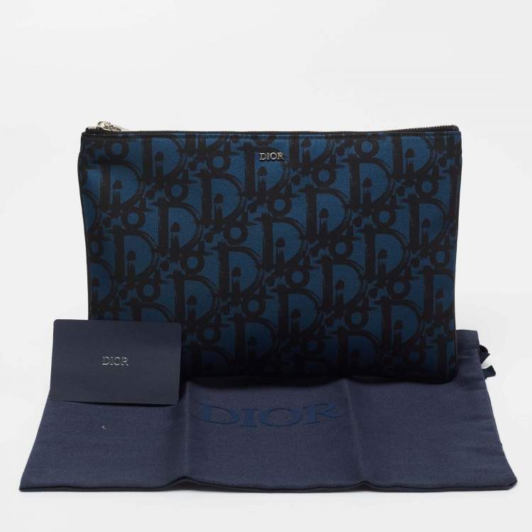 Pre Owned Dior Blue/Black Oblique Print Nylon Zip Pouch