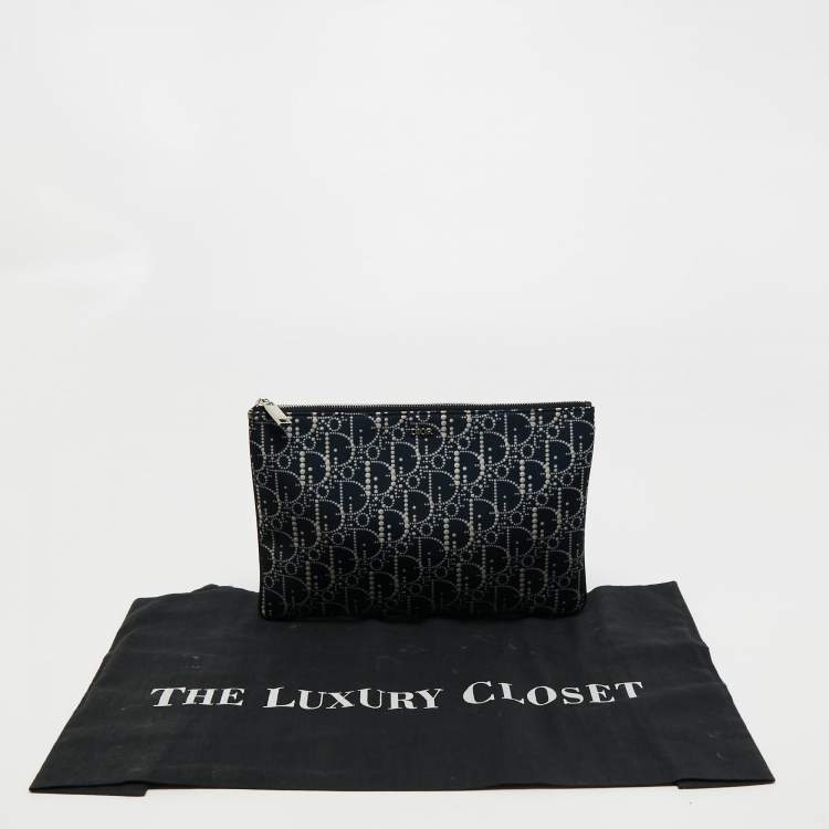 Pre Owned Dior Blue Oblique Print Nylon and Leather Zip Pouch
